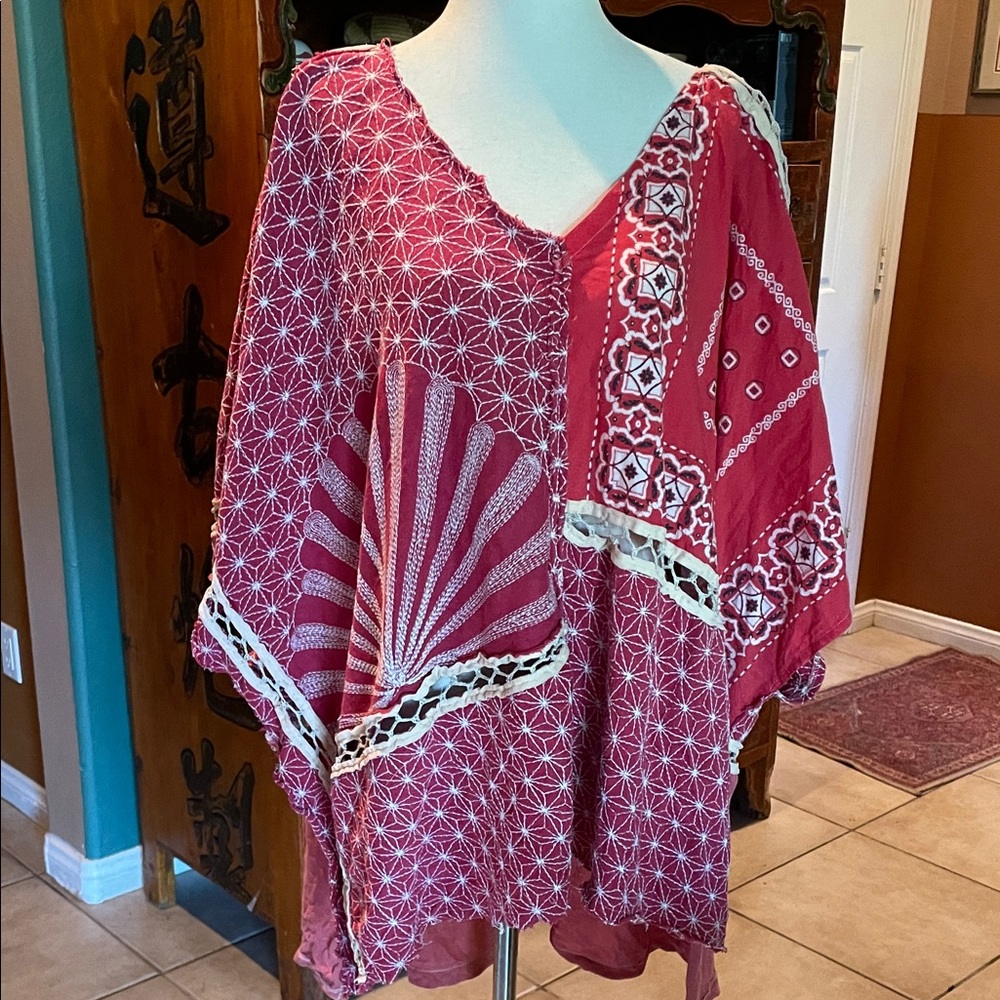 We The Free Red ,black, cream and white Patterned Huipil/Poncho w/boohoo look.